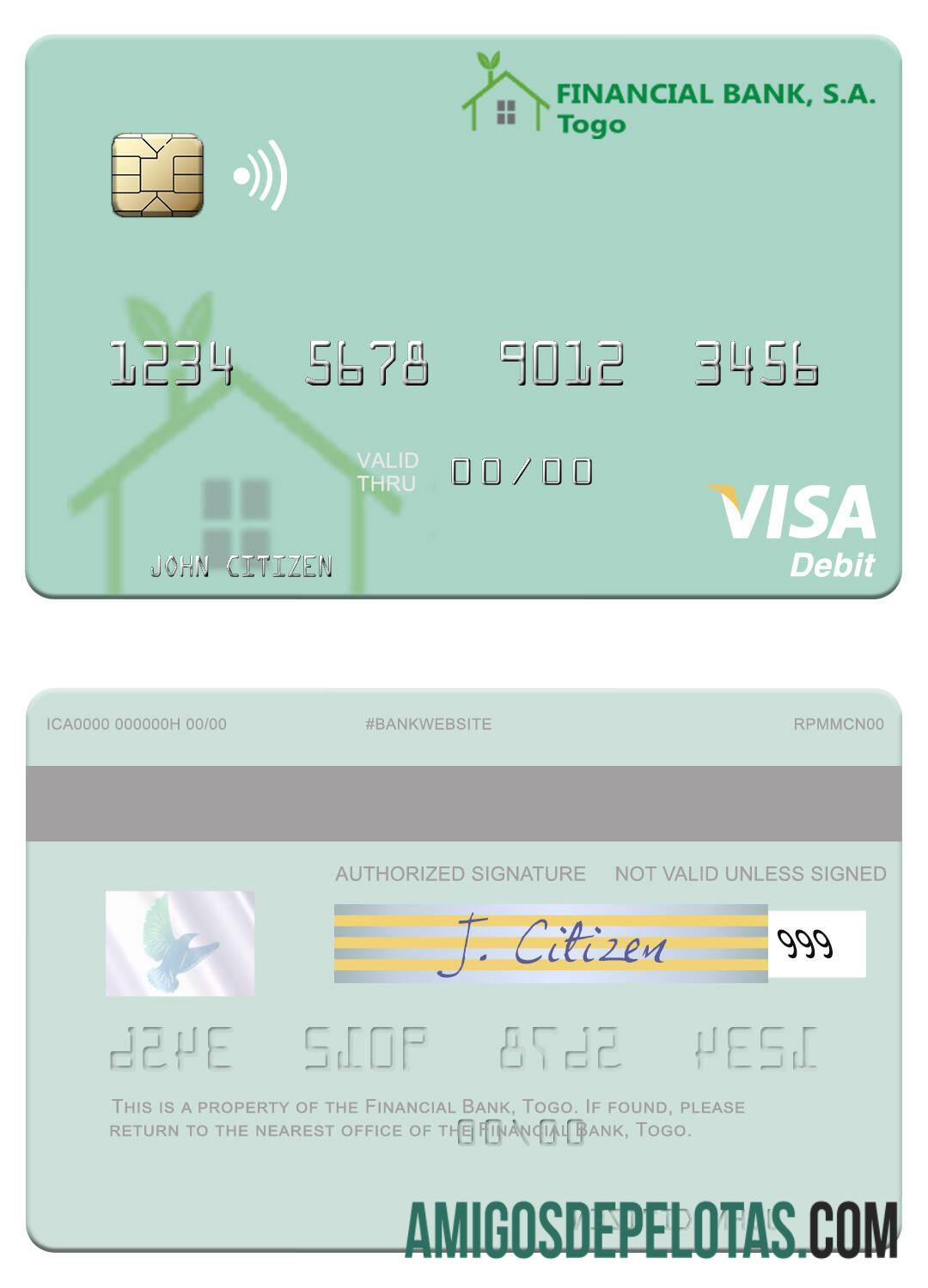 Cartão de débito Visa do Banco Financeiro do Togo amostra